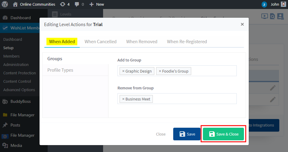 WishList Member - BuddyBoss Integration - Configuring BuddyBoss Platform actions