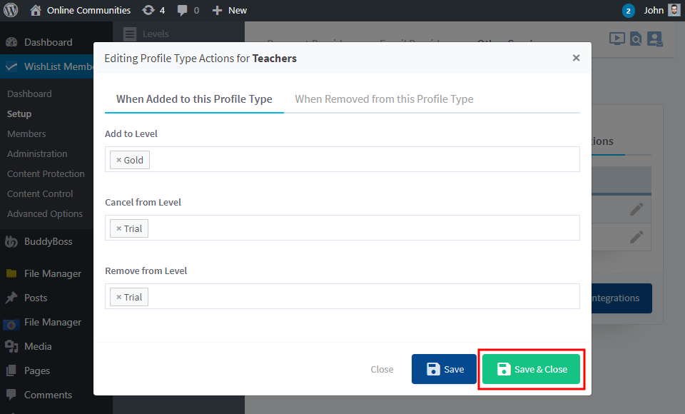 WishList Member - BuddyBoss Integration - Configuring Profile Type actions